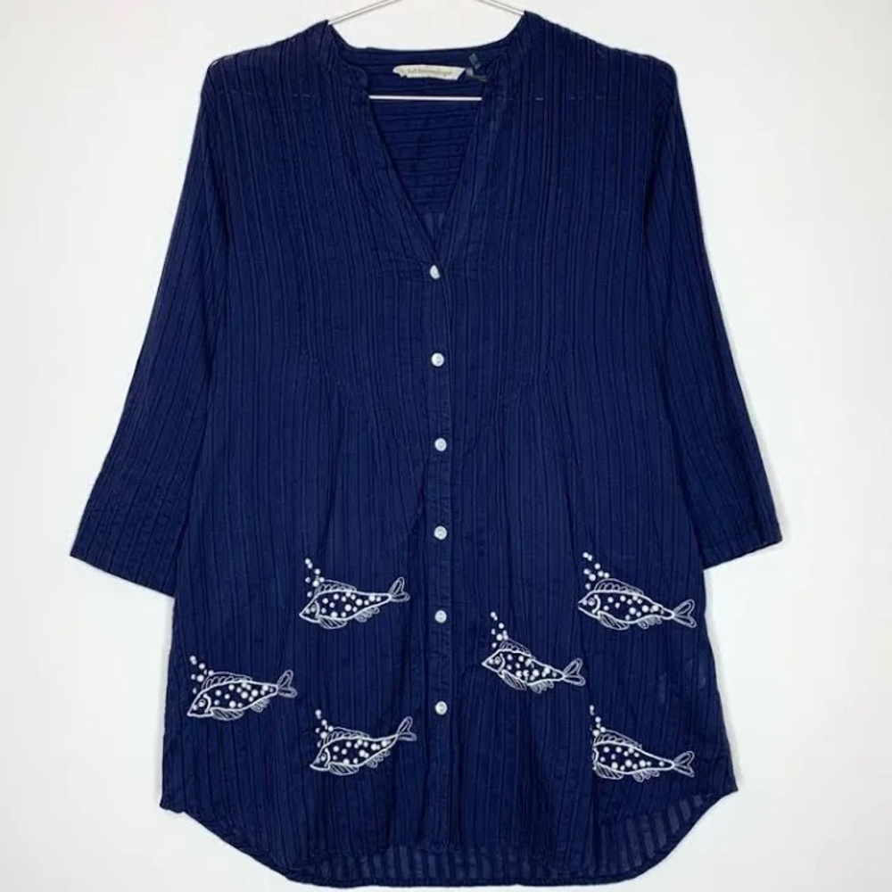Soft Surroundings Seychelles Tunic Top embroidered beaded pearl‎ fish print
